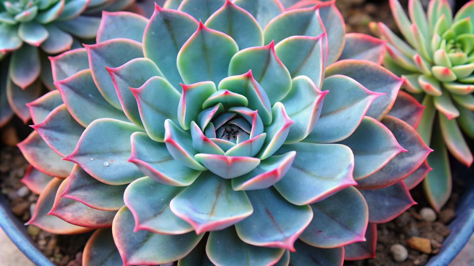 Echeveria em forma de roseta com folhas azuladas e bordas rosadas.