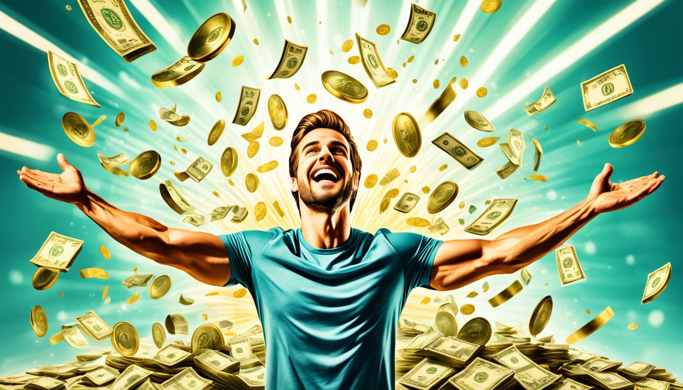 An image depicting a person standing confidently on a stack of money, with their arms raised in triumph and a look of empowerment on their face. The money should be depicted as flowing effortlessly towards the person, indicating their newfound ability to attract wealth into their life. In the background, there could be elements symbolizing financial abundance, such as gold coins, a bank or investment building, or even a lush garden overflowing with fruit and flowers. Overall, the image should convey a sense of abundance, ease, and control over one's financial destiny.