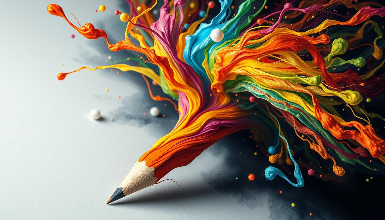 A powerful tornado of colorful energy swirling around a pencil, symbolizing the manifestation of specific and emotional intentions onto paper.