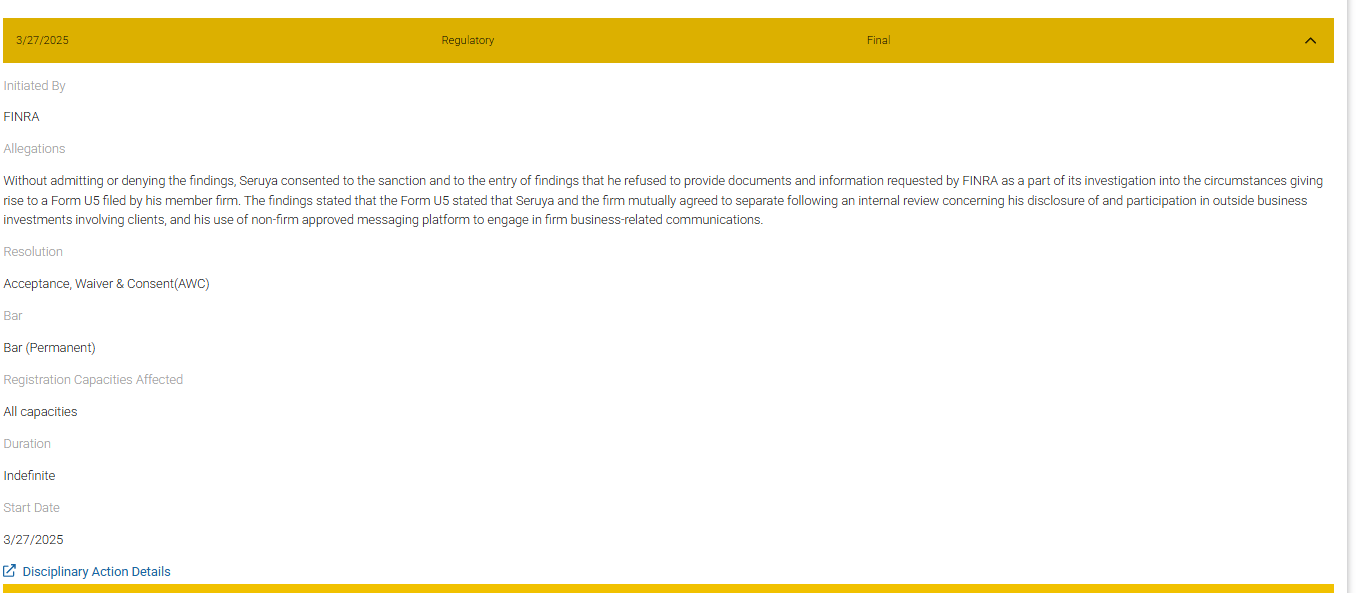 Mark Seruya FINRA disclosure regarding his barring 