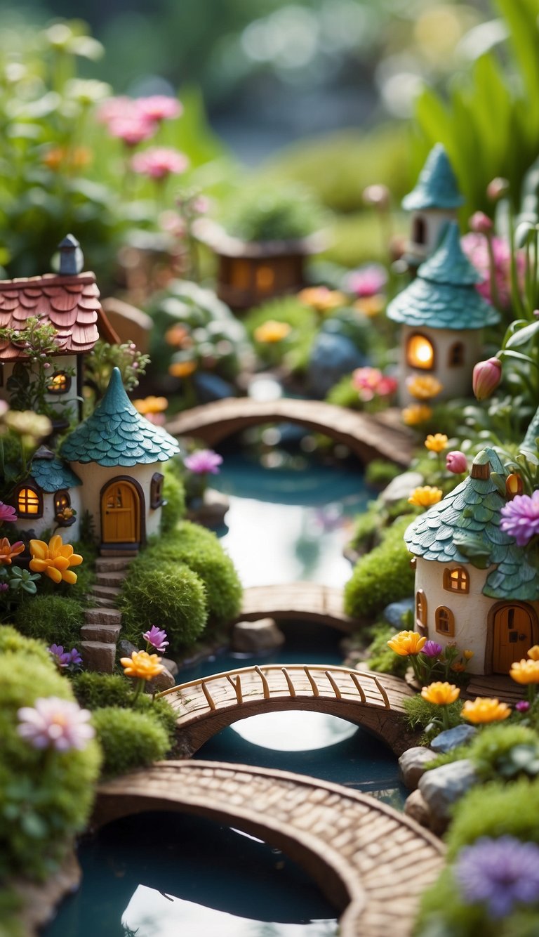 A whimsical fairy garden with tiny houses, colorful flowers, and a winding path. A small pond with lily pads and a miniature bridge add enchantment