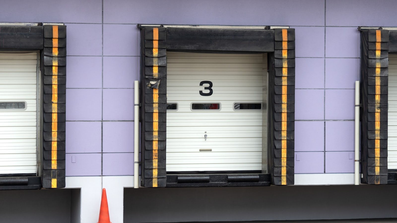 Commercial loading dock door framed with protective black padding.
