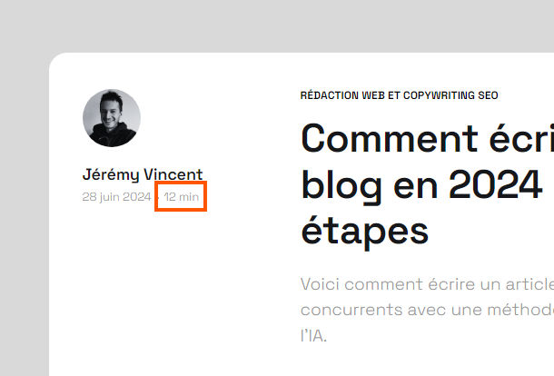 rectangle rouge qui met en valeur le temps de lecture d'un article de blog