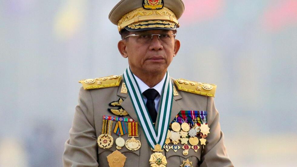 Myanmar's junta chief Senior General Min Aung Hlaing, who ousted the elected government in a coup, presides at an army parade on Armed Forces Day in Naypyitaw, Myanmar, March 27, 2021.
