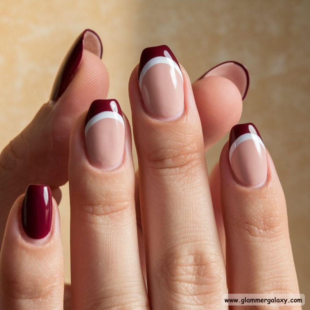 Burgundy fall Nails with Combination Solid & French