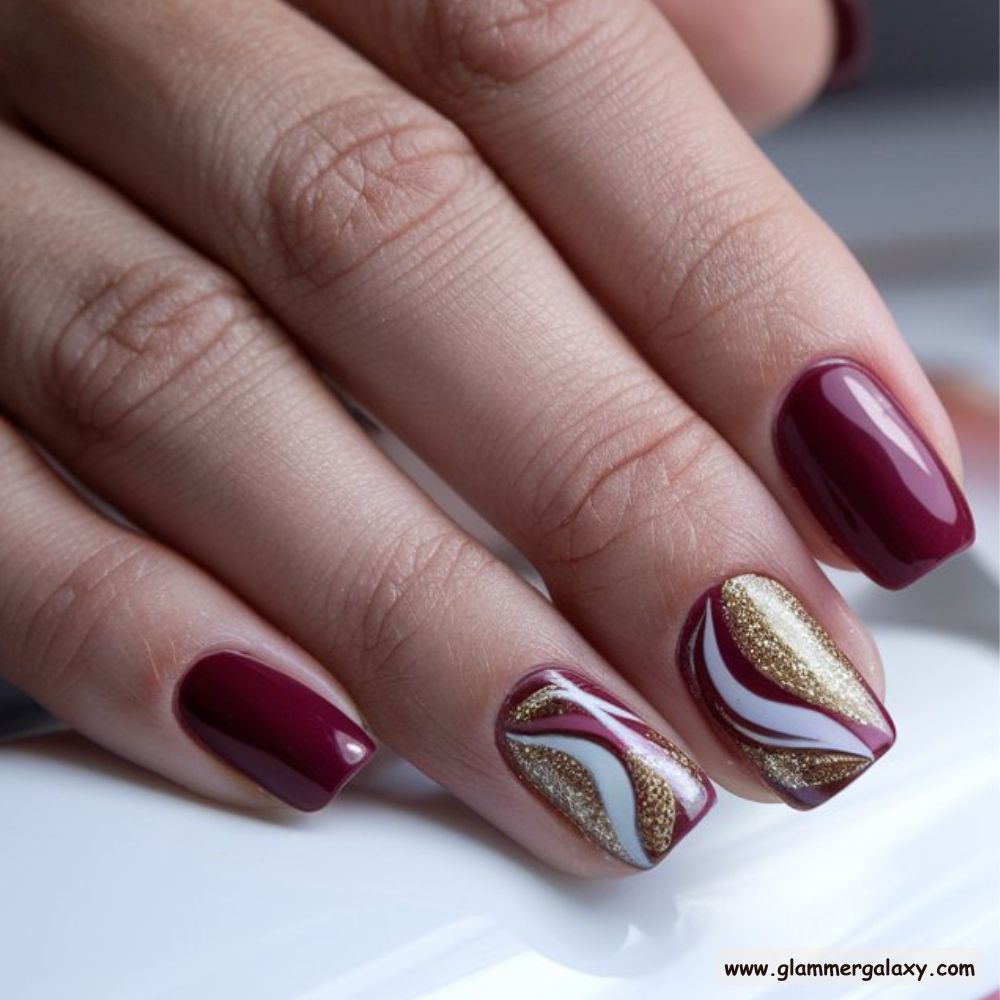 Burgundy fall Nails with Sparkling Glitter Swirls