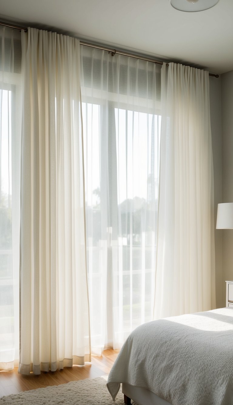 Ivory white sheer curtains billow in a sunlit bedroom with 24 white decor accents