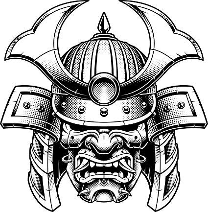 Illustration of a traditional samurai warrior helmet and mask, depicting detailed armor design in black and white.