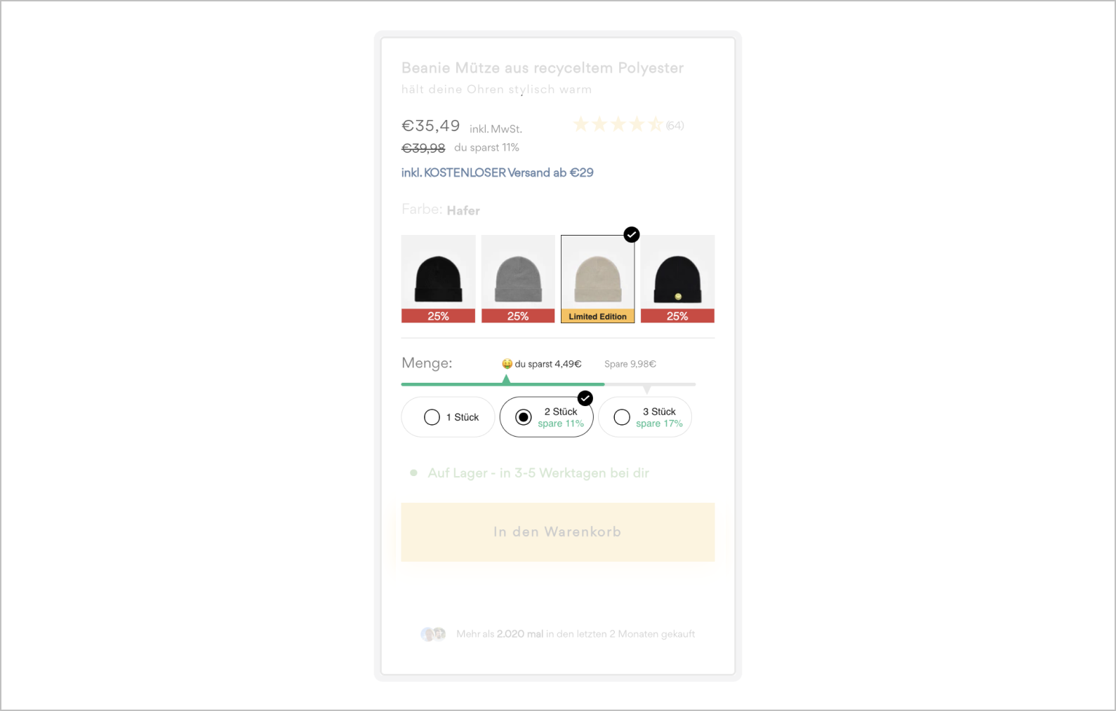 Variantenauswahl des Onlineshops Snocks
