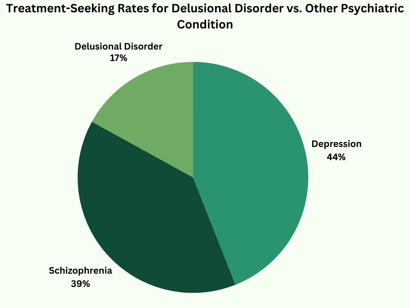 Pie chart showing treatment-seeking rates for delusional disorder, schizophrenia, and depression.