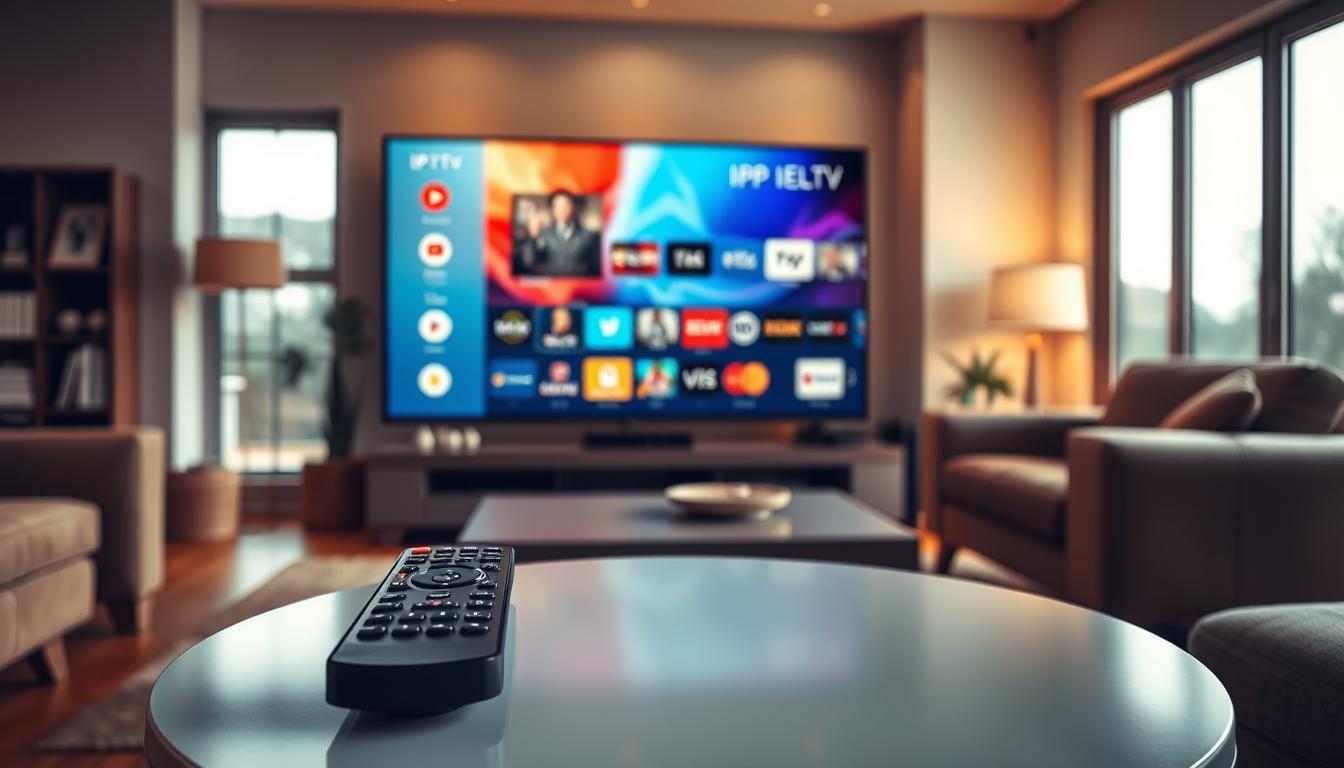 A cozy living room with a large flat-screen TV displaying a vibrant, high-quality IPTV interface. The room is bathed in warm, soft lighting, creating a relaxing atmosphere. In the foreground, a sleek, modern remote control rests on a minimalist coffee table, symbolizing the convenience of IPTV. The middle ground features a comfortable sofa and armchair, inviting viewers to sink in and enjoy the endless entertainment options. The background showcases large windows, allowing natural light to filter in and highlighting the room's spaciousness. The overall scene conveys the benefits of an IPTV subscription, including superior audio-visual quality, an extensive content library, and a user-friendly, immersive viewing experience that transforms home entertainment.