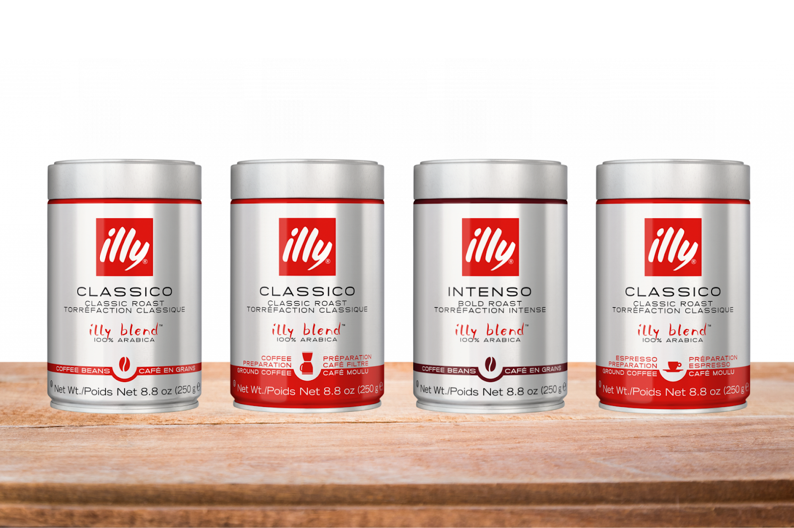 A picture showing 4 cans of Illy blend coffee