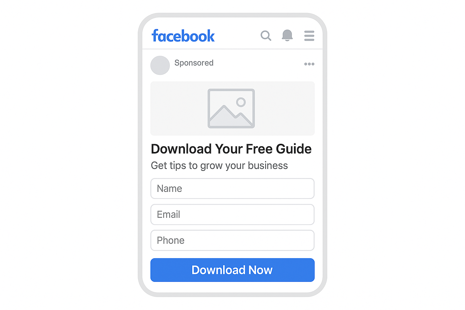 Facebook Lead Ad mockup with headline, form fields, and “Download Now” CTA on a clean white layout