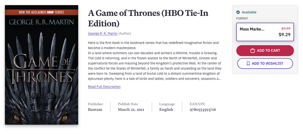 Product page for A Game of Thrones on Bookshop.org