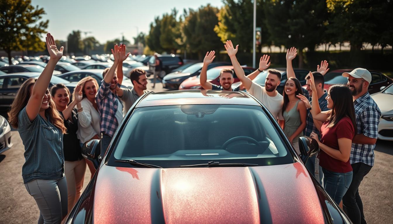 A group of people standing around a car with big grins on their faces, high-fiving each other and cheering. The car is shiny and new, with the sun reflecting off its polished surface. In the background, there are other cars parked in a lot, but this one stands out amongst the rest. The people are dressed in casual clothes, as if they just came from a lunch or dinner celebration. One person is holding a set of keys up triumphantly, as if they just received them for the first time. Others are taking pictures or admiring the car from different angles. The atmosphere is festive and joyful, with a sense of accomplishment in the air.