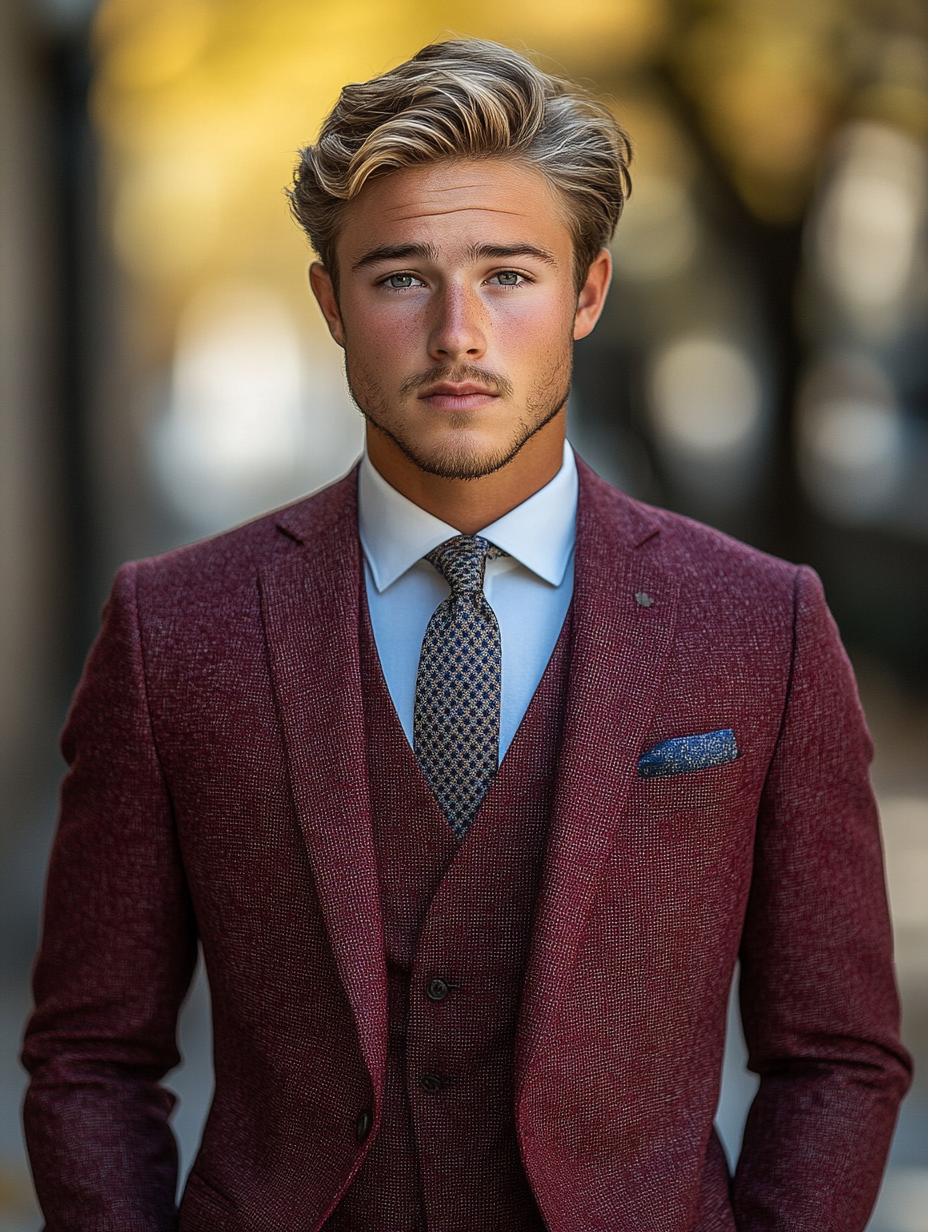 
Young man wearing a slim-fit suit with a bold pattern tie, designed for a second or third-year homecoming. The suit features a rich burgundy or deep blue color, paired with a white or light blue dress shirt. The tie adds a subtle pattern to enhance the look, creating a stylish, confident appearance. The outfit is polished, modern, and a little more daring, suitable for someone looking to take a fashion risk. Accessories like a pocket square or cufflinks complete the elevated look, adding a personal touch.