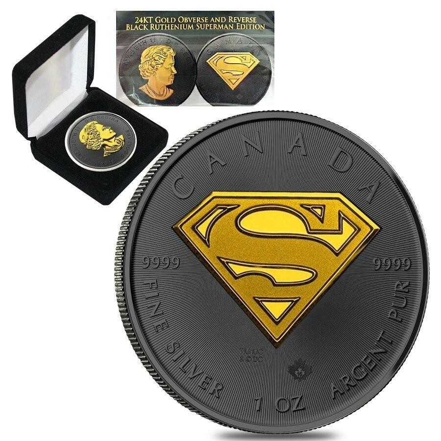 Canadian Superman Silver Coin With Black Ruthenium Plating And Gold Clad Highlights