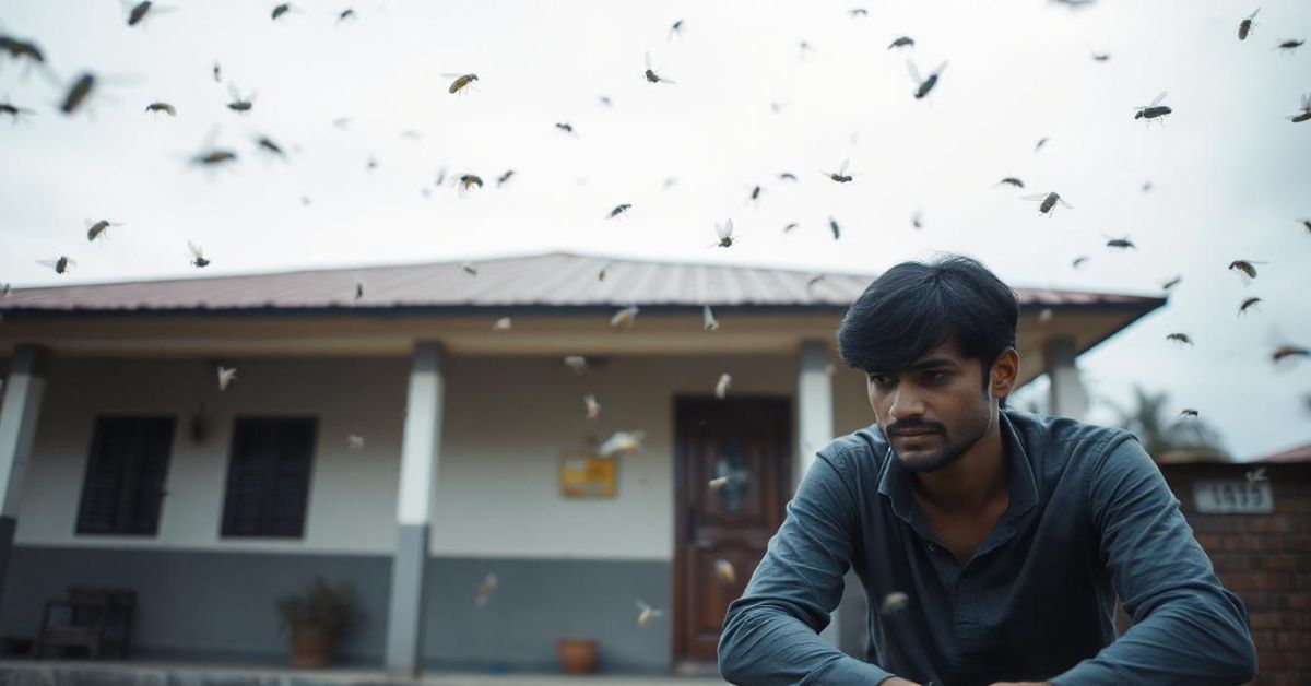 A man seated on the ground, surrounded by a swarm of flies, illustrating common spiritual interpretations of flies in your house.