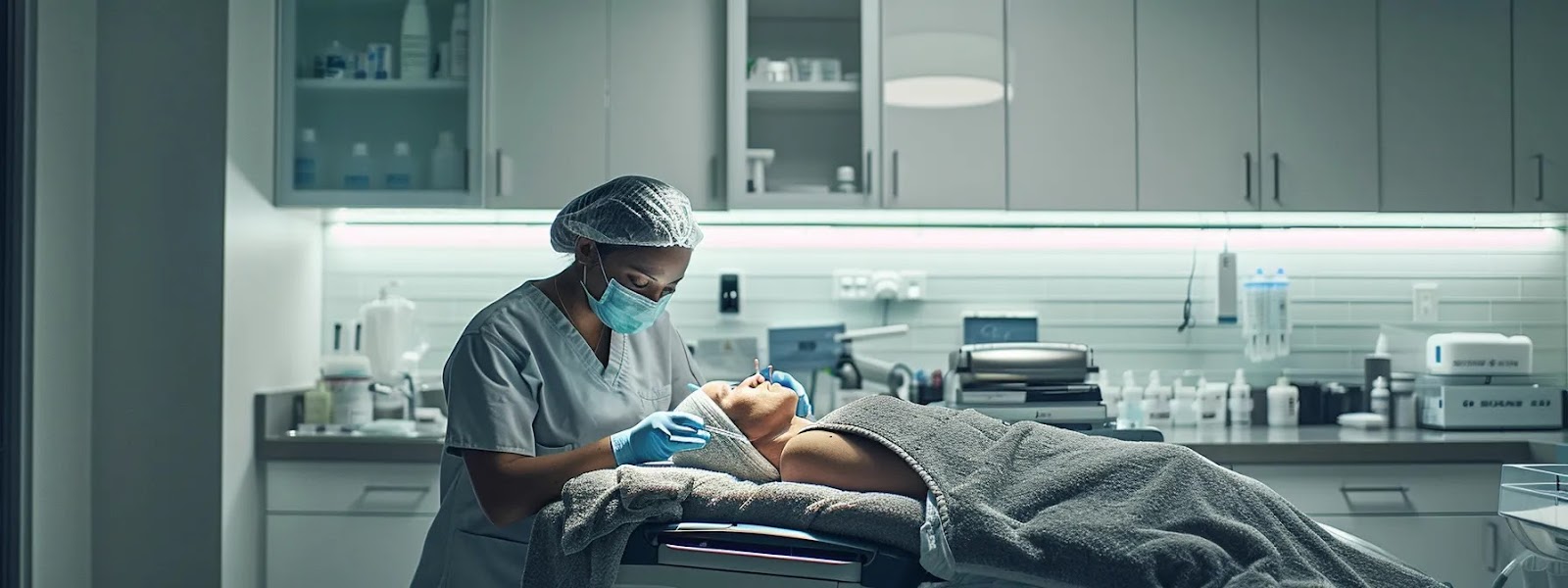 a serene, elegantly lit clinical setting captures a board-certified professional expertly administering dermal fillers, highlighting the smooth gel integration with the patient’s skin and the refined facial contours achieved through precise, artful technique.