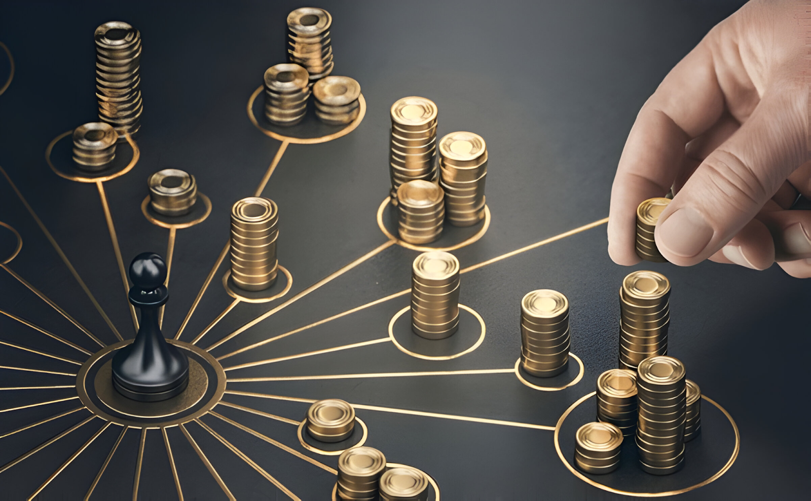 Hand stacking coins in a network pattern, symbolizing the management of cash flow for small businesses, illustrating the importance of financial planning and resource allocation.