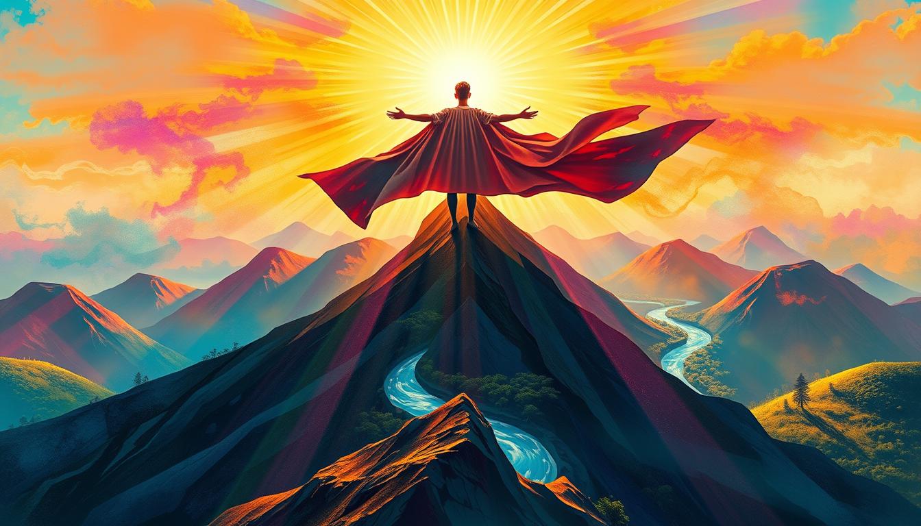 A serene individual standing confidently on a mountain peak, surrounded by radiant light and vibrant colors symbolizing energy and strength, with flowing fabric resembling a cape that billows in the wind, embodying resilience and empowerment, while below them lies a winding river representing abundance and opportunities, merging into a lush valley filled with flourishing plants and trees, symbolizing growth and prosperity.