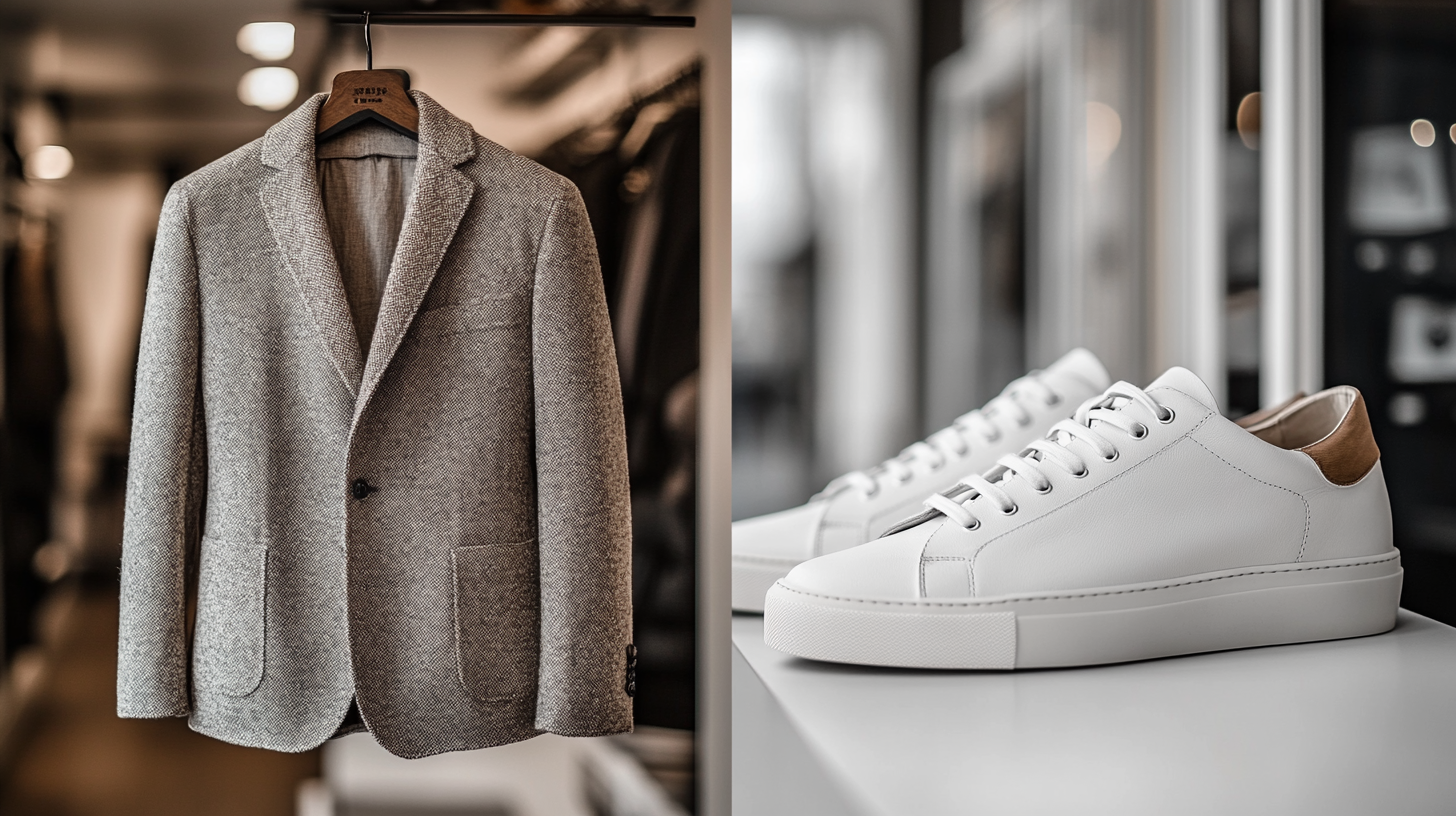 On the left side, a soft wool or cotton casual suit in a neutral color like gray or navy, neatly hung and displayed. On the right side, white leather sneakers placed on a smooth surface, minimalist in design, clean, and fresh. The background is elegant, with soft lighting enhancing the chic and laid-back vibe.