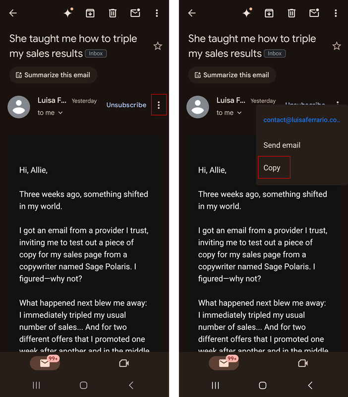 Two screenshots side by side that show how to copy an email address in Gmail on a phone.