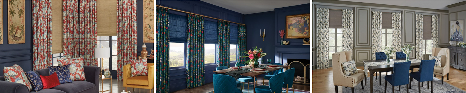 three decorated home interiors with printed curtains and roman shades