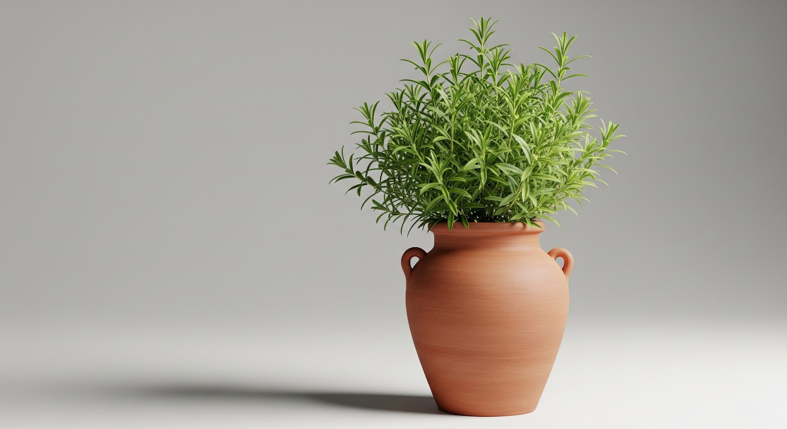 Um vaso de terracota contendo um arbusto de alecrim verde e vibrante, com suas folhas finas e aromáticas. O vaso está posicionado em um fundo neutro, destacando a beleza natural da planta.