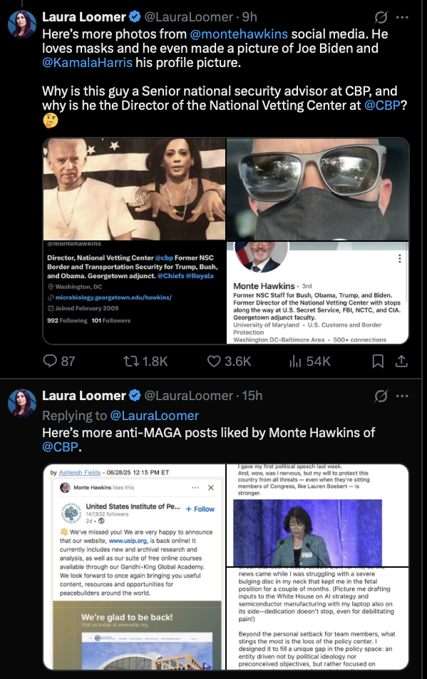 Loomer exposes anti-MAGA posts liked by former CBP Vetting Director, Monte Hawkins.