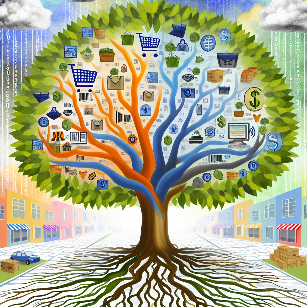 A vibrant tree symbolizing ecommerce business growth, with branches filled with various digital shopping and business icons, representing the interconnected aspects of online retail and financial success.