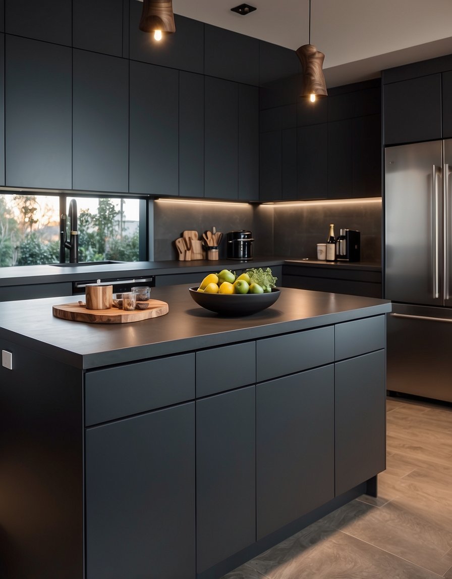 A modern kitchen with Graphite Glow 32 Dark Gray cabinets, sleek and elegant, bathed in soft, natural light