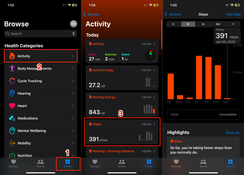 Steps to view step count in the iPhone Health app