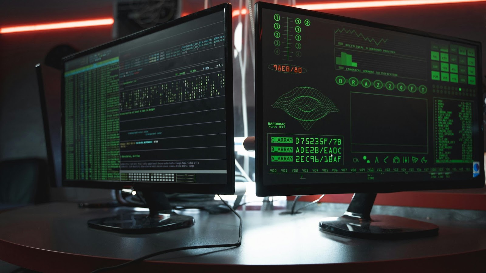 Dual computer monitors displaying cybersecurity data, representing 24/7 monitoring and incident response capabilities MSSPs use to enhance ROI on security investments.