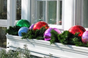 Ornaments and Garland in Window Box Planter 