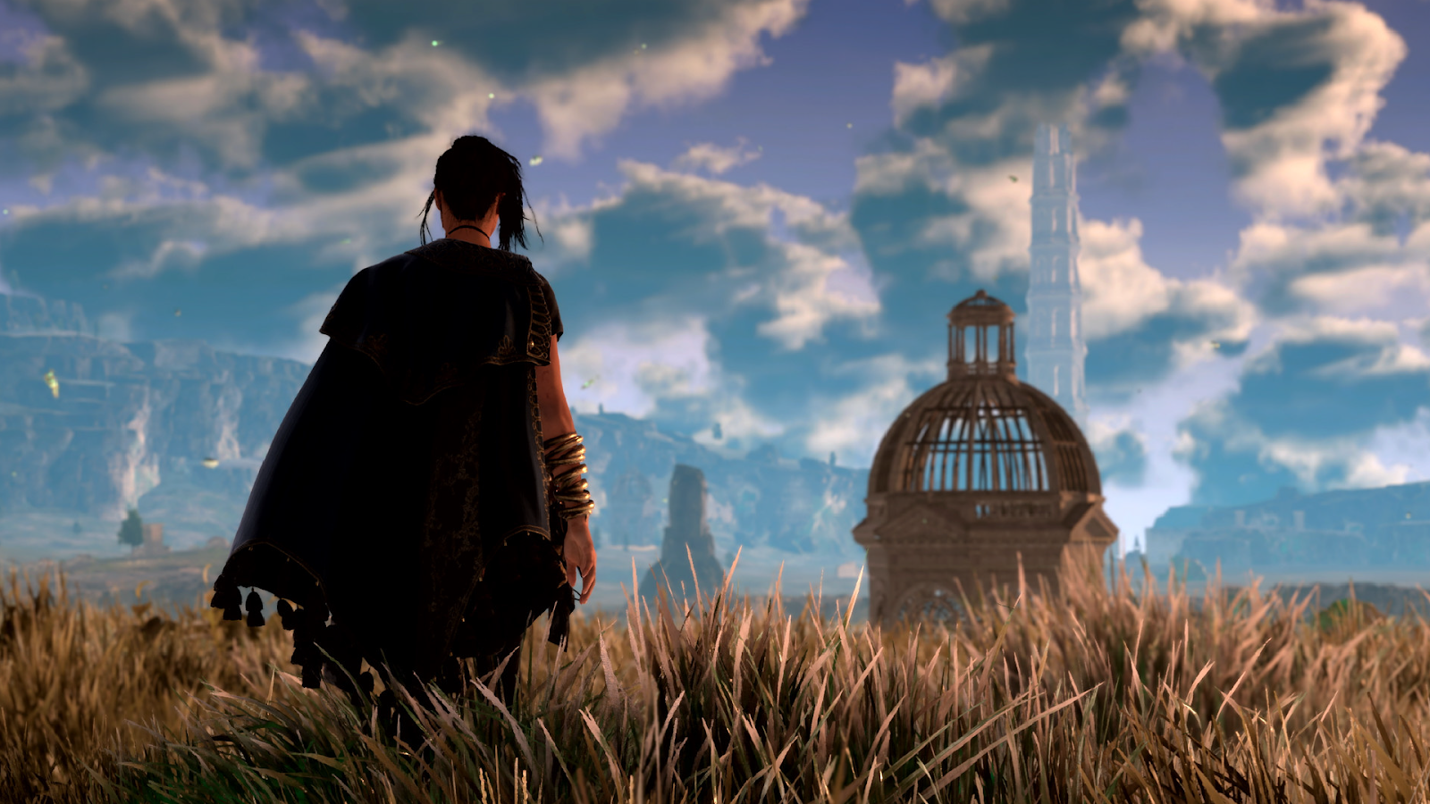 Screenshot of a Forspoken character walking through a field.