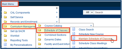 "Main Menu", "Curriculum Management", "Schedule of Classes", and "Maintain Schedule of Classes" navigation tabs emphasized with red box highlight.