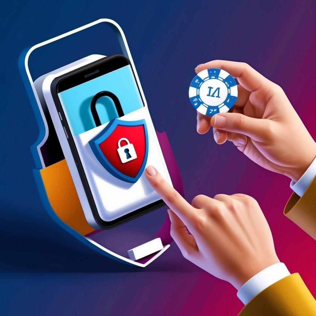 A mobile device with a lock symbol surrounded by a shield, while a hand holding a gambling chip hovers nearby