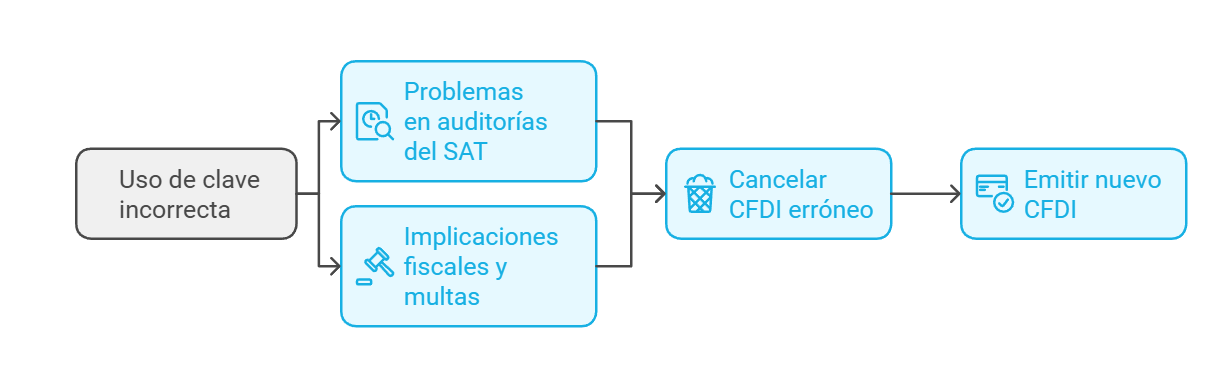 Diagrama de consecuencias por uso incorrecto de claves en CFDI, mostrando problemas y soluciones