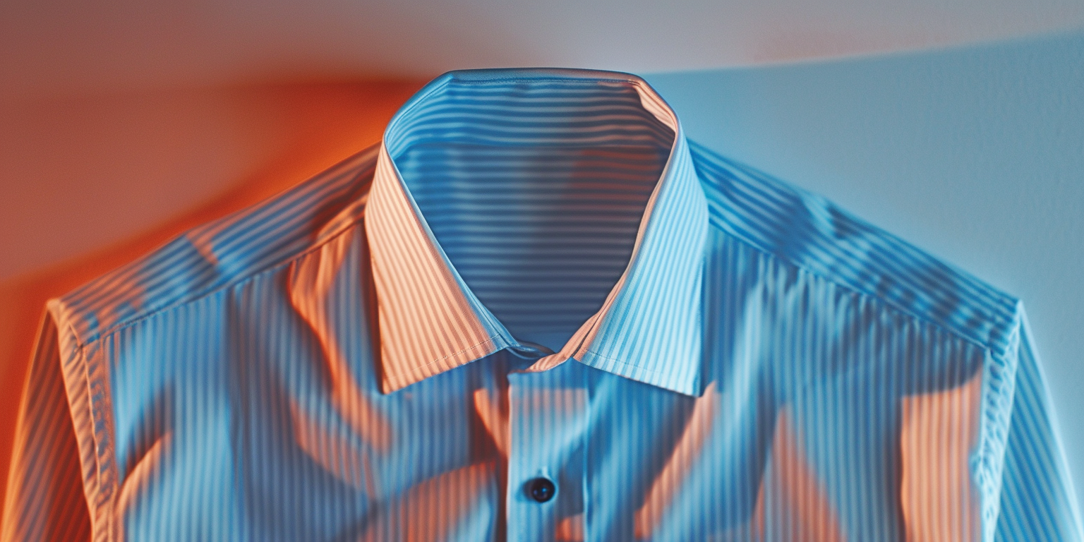 A neatly pressed men’s button-up shirt laid flat, classic style in white with subtle light blue stripes, crisp collar and buttons visible. Simple and clean, soft natural lighting on a neutral background, emphasizing quality fabric and sharpness. Minimalist, modern, professional look.