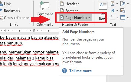 cari sub menu “Page Number” untuk menambahkan penomoran pada lembar kerja