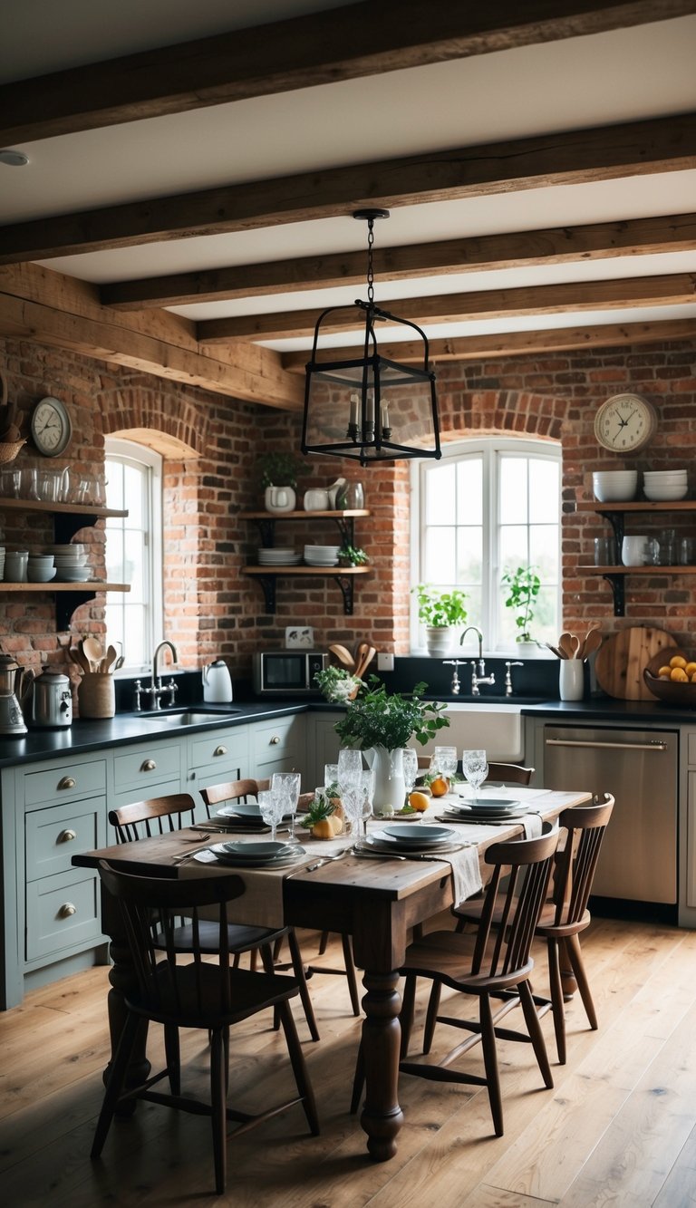 A cozy farmhouse kitchen with exposed brick walls, wooden beams, vintage decor, and a rustic dining table set for a family meal