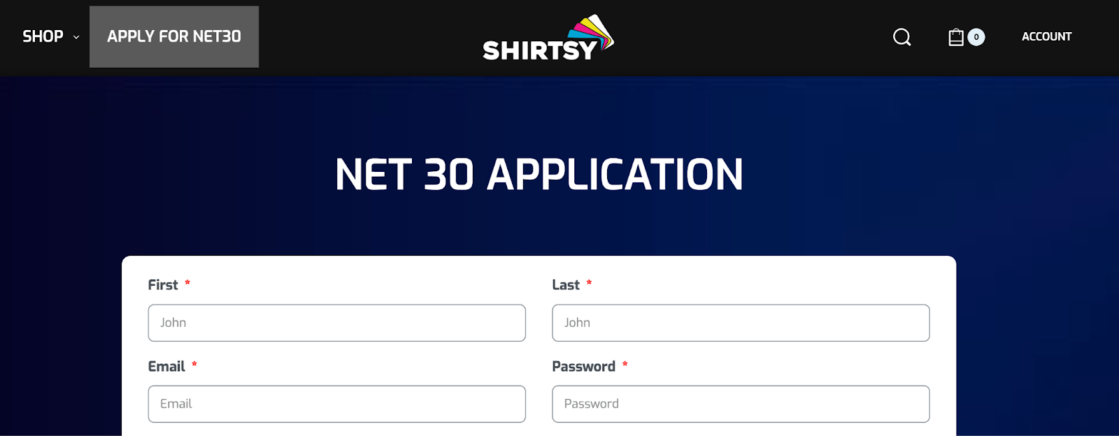 Shirtsy net 30 application