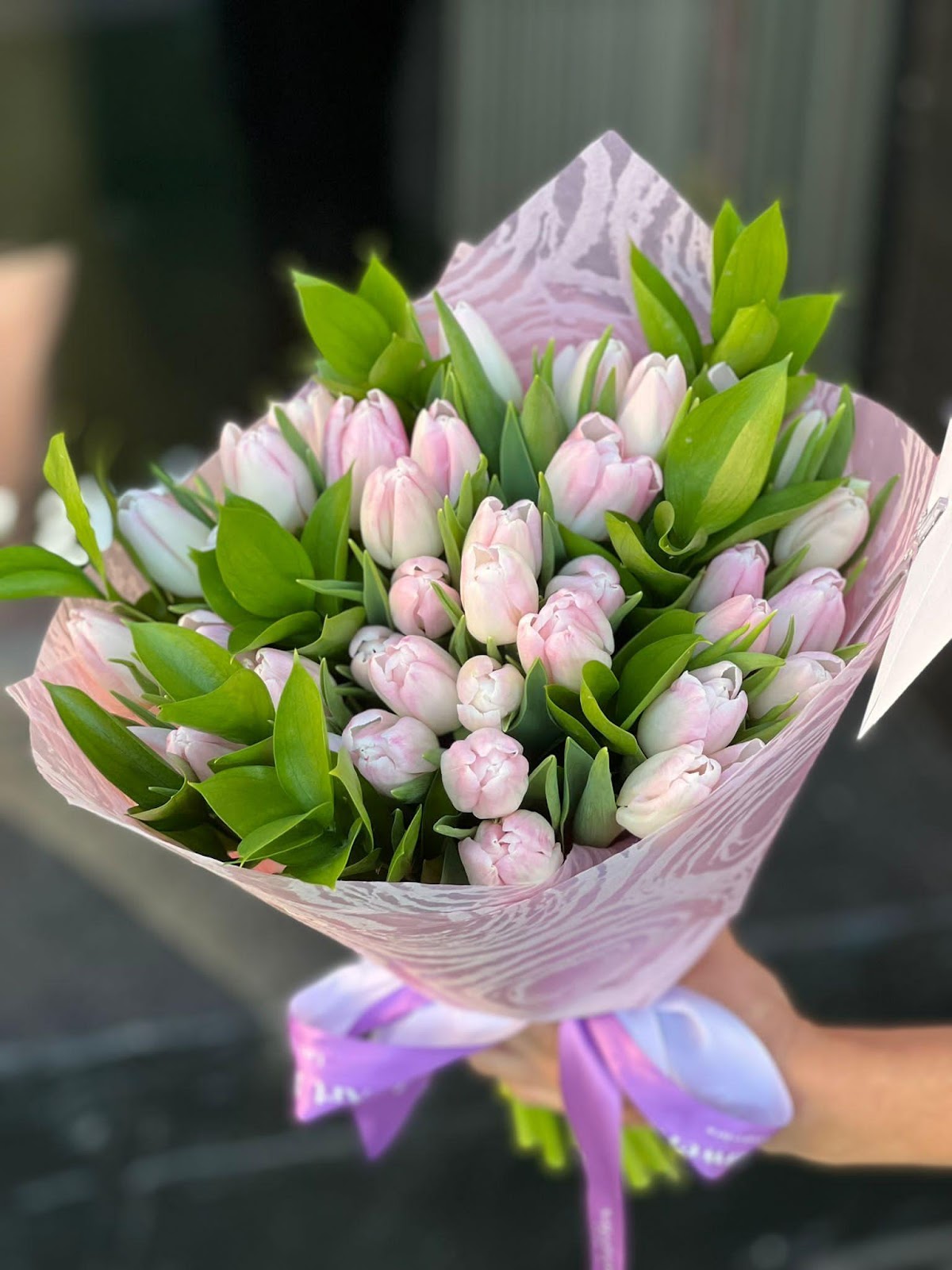 A vibrant arrangement of 40 classic light-pink tulips surrounded by fresh green foliage, exuding elegance and charm in a beautiful floral display.