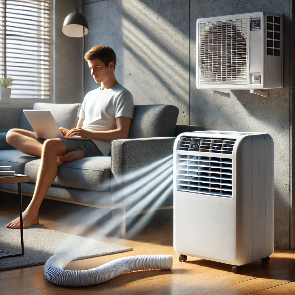 Modern portable air conditioner cooling a compact bedroom with exhaust hose vented through a sliding window.