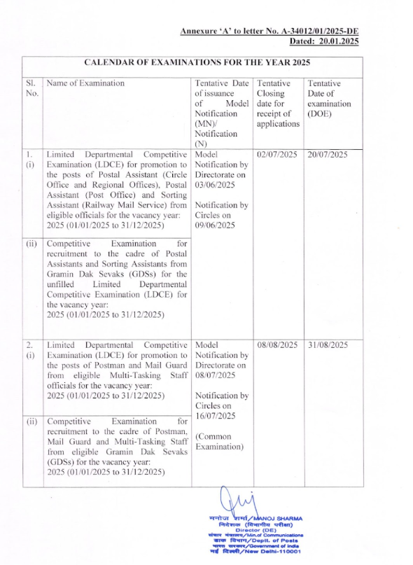 Departmental Examination Schedule for Department of Posts 2025 | DOP Exam Calendar 2025