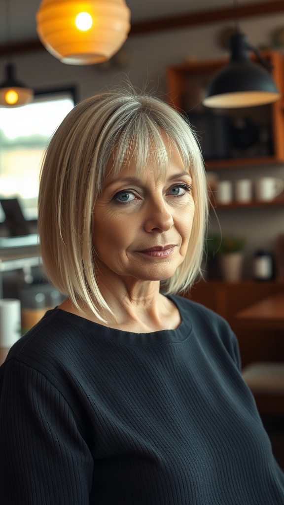 A woman over 50 with a classic straight haircut, showcasing natural shine