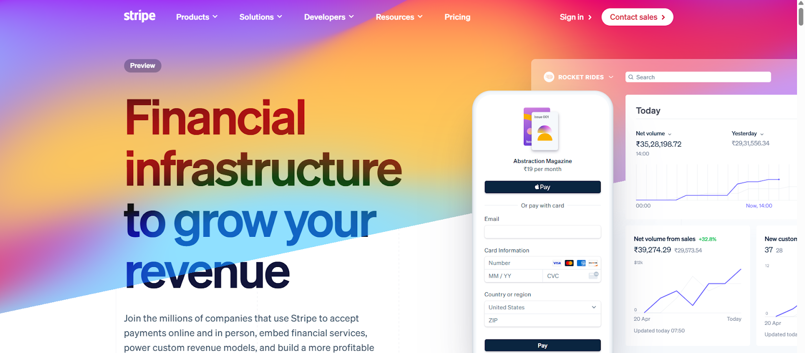 Stripe home page describing its primary features