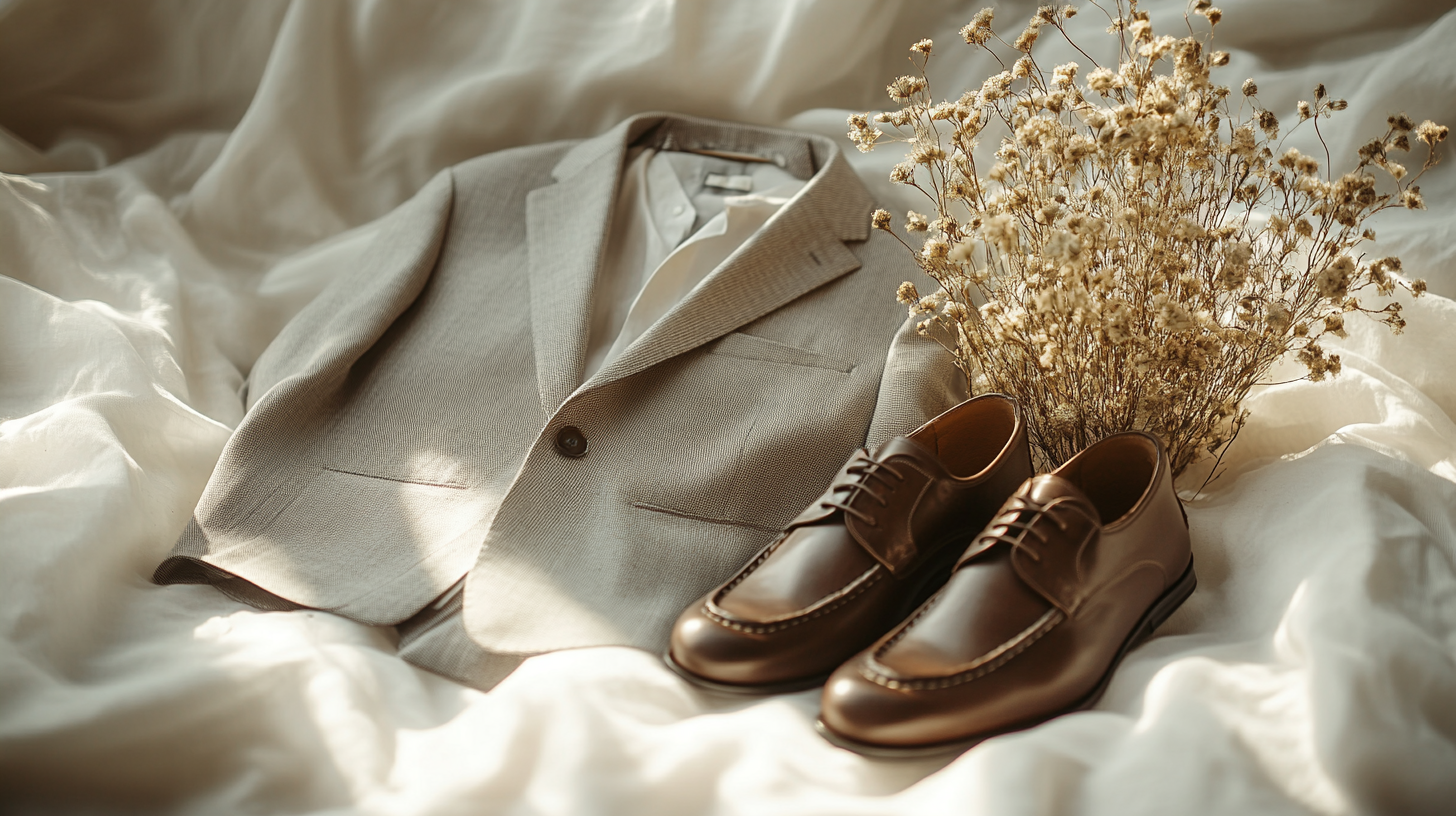 A men's gray suit, delicately and neatly laid flat on a soft, a little flowing white fabric, creating a serene and balanced composition. Beside the gray suits is a pair of Dark brown shoes placed with care, add some aesthetic display like dried flowers. The scene is softly illuminated with cool white lighting, casting gentle shadows that enhance the minimalist, aesthetic vibe.