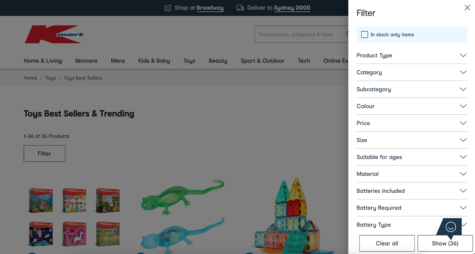 Faceted filters list on Kmart Australia website